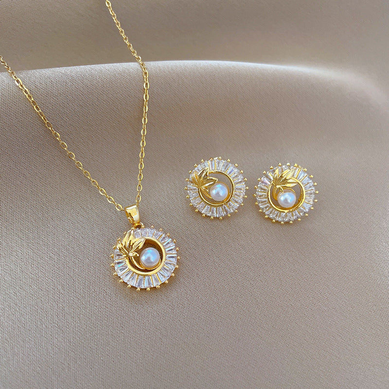 Full Diamond Round Ring Necklace And Earrings - My Store